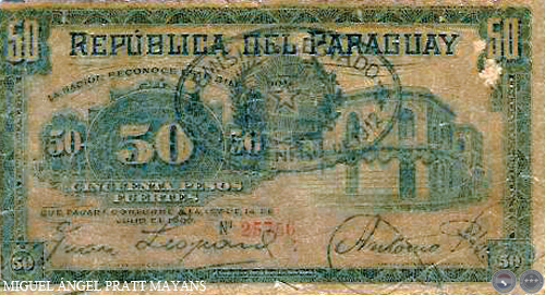 CINCUENTA PESOS MONEDA NACIONAL - RESELLADO A.A. 26 - FIRMA: JUAN LEOPARDI - NICOLÁS D. ANGULO
